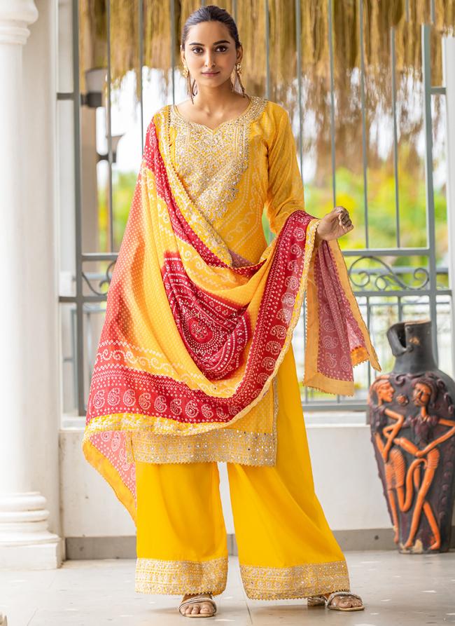 Chinnon Yellow Wedding Wear Printed Readymade Plazzo Suit